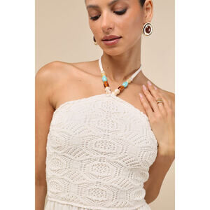 Lulus Cosma Ivory Beaded Crochet Knit Halter Midi Dress White - Size M